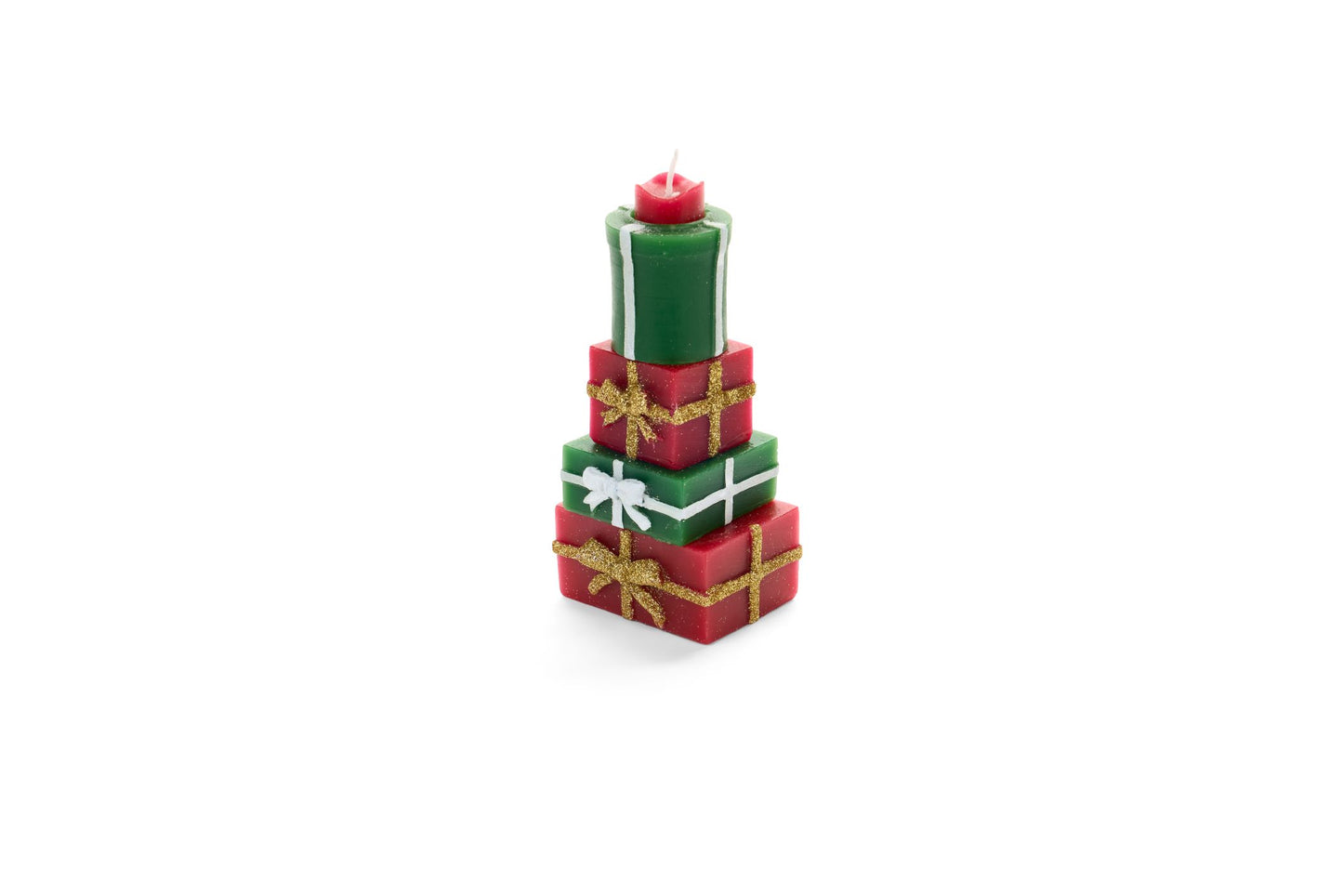 Candela decorativa a forma di pila di pacchi regalo rossi e verdi con nastri glitterati, altezza 16,5 cm, brand Nuvole di Stoffa, Tutto Chic.