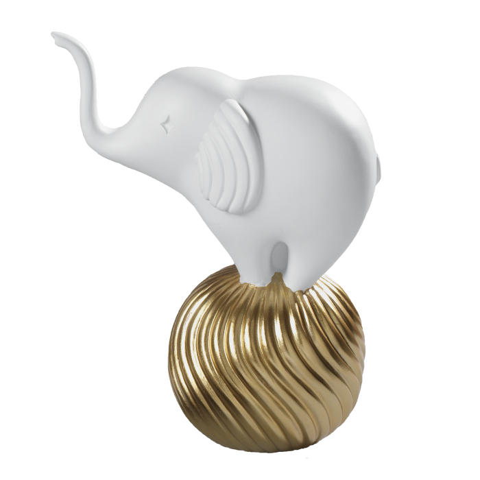 Scultura stampata in resina decorata di elefante bianco su sfera oro. Dimensione: cm 21 x 13 x 27 h. In negozio e online su tuttochic.it