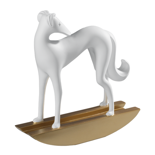 Scultura stampata in resina raffigurante un cane Levriero bianco su una base color oro. Dimensione: cm 27 x 7,5 x 28 h. In negozio e online su tuttochic.it