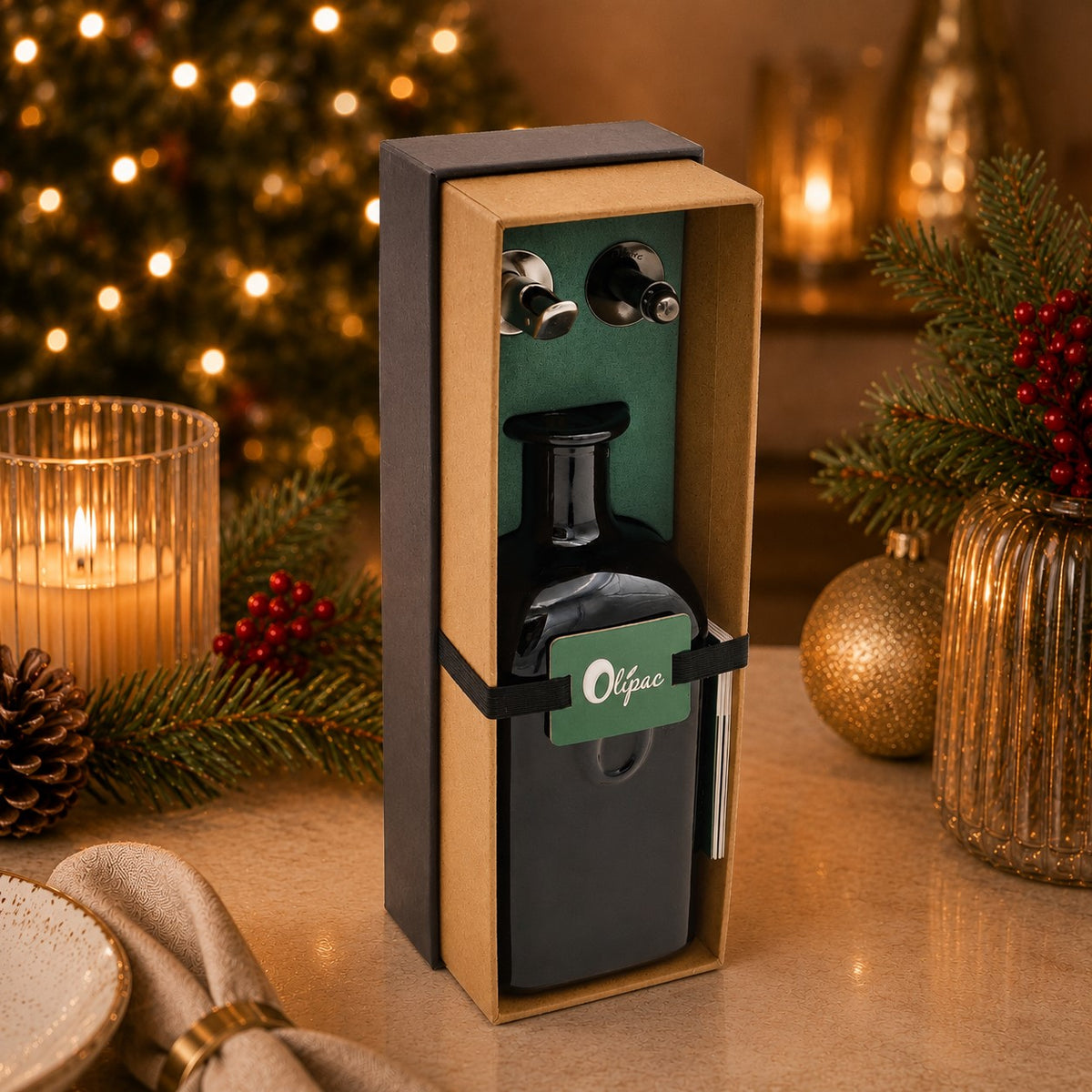 Confezione regalo dell'oliera Moresca Olipac con i due beccucci in acciaio inox inseriti nel cofanetto accanto a decorazioni natalizie