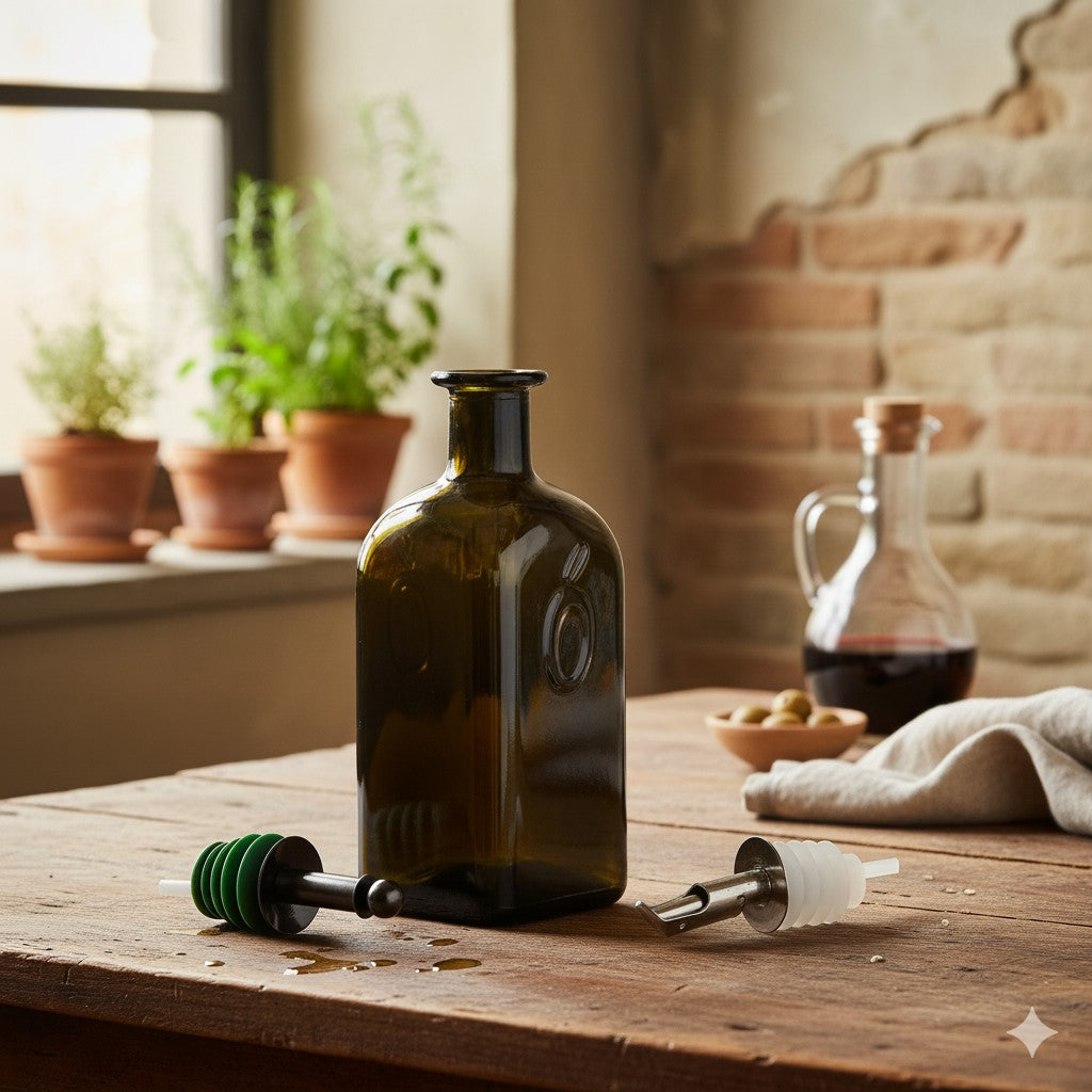 Oliera Moresca in vetro Verdetrusco da 250 ml posizionata su tavolo in legno con i due tappi dosatori in acciaio inox accanto