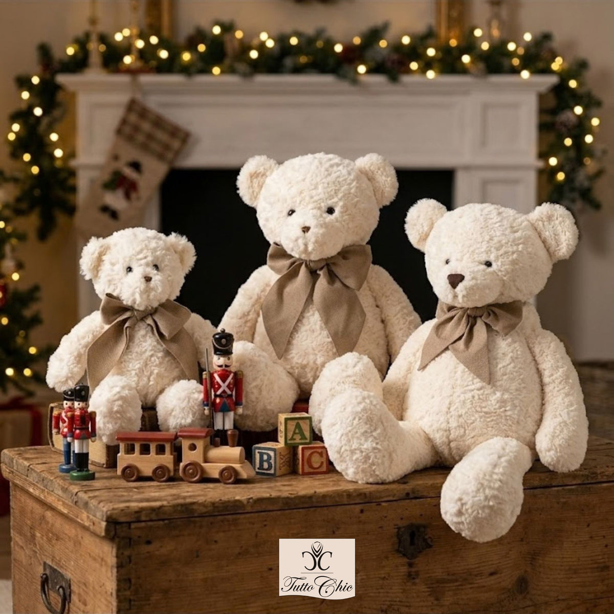 Orso di peluche morbido color panna con fiocco beige in tessuto al collo, collezione Vintage Toys di Nuvole di Stoffa, altezza 20 cm.