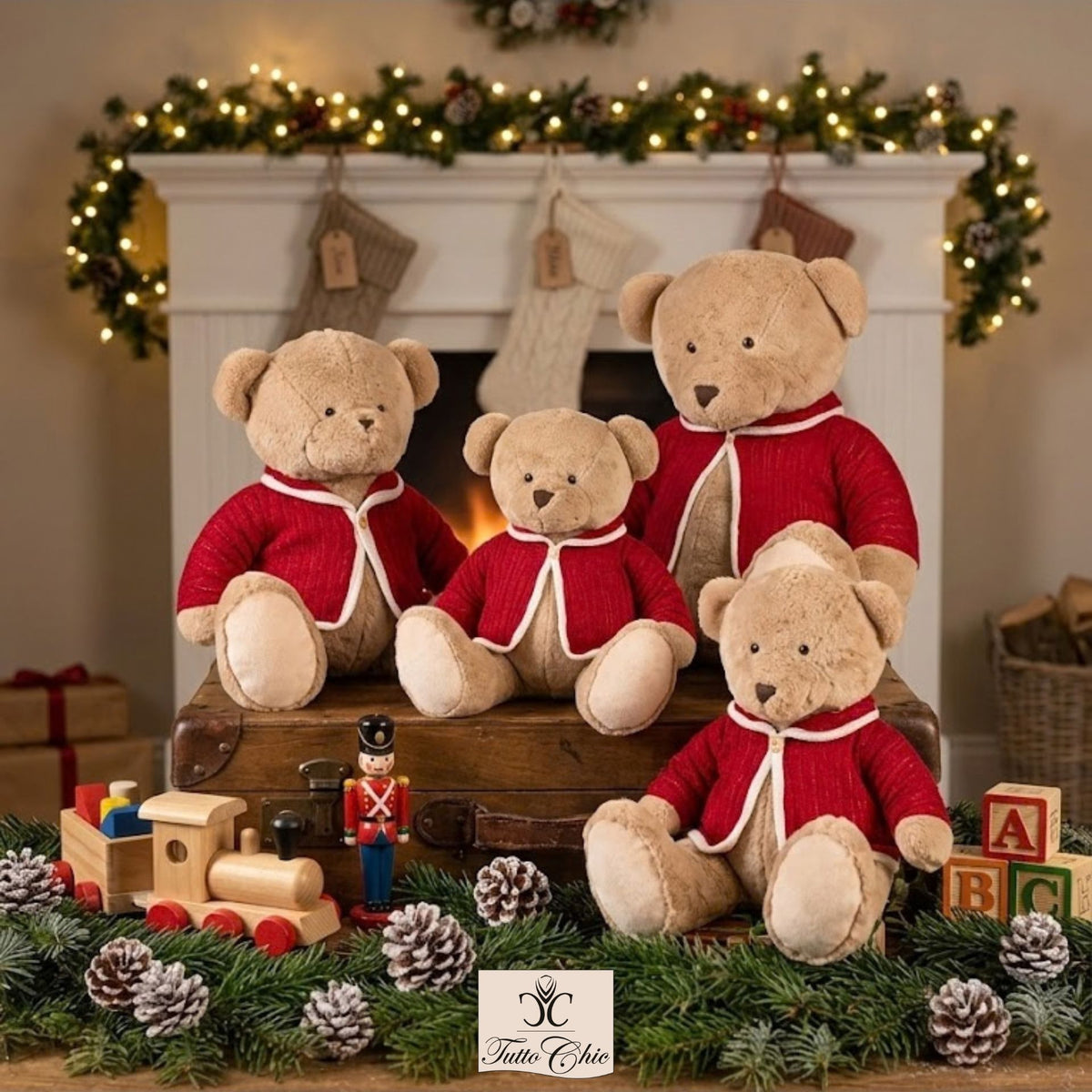 Orso di peluche gigante Vintage Toys di Nuvole di Stoffa alto 40 cm, colore nocciola da seduto con giacca rossa in maglia e bottone in legno.