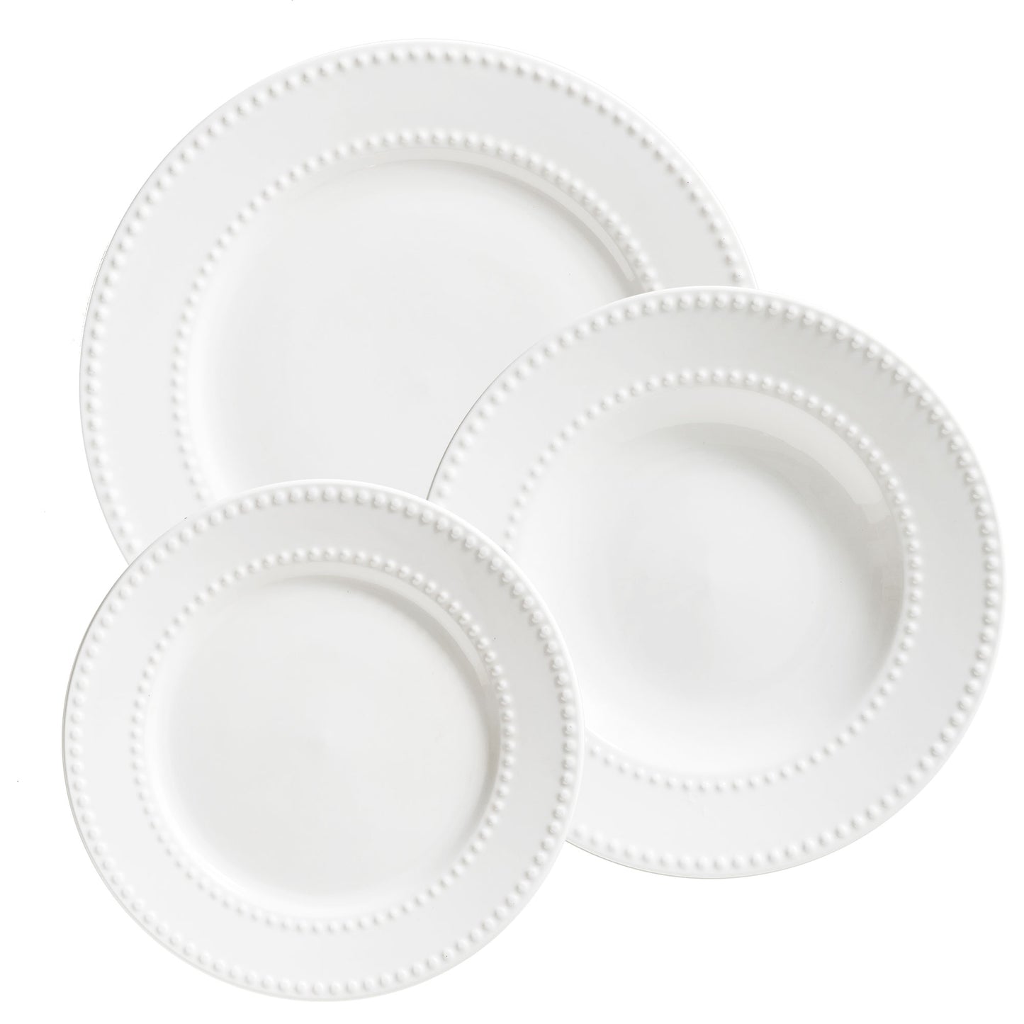 Confezione di 18 piatti da tavola in pregiata porcellana Bone China bianca lavorata composto da: 6 piatti piani ø cm 28, 6 piatti fondi ø cm 20, 6 piatti frutta ø cm 21. Lavabile in lavastoviglie Utilizzabile in microonde  Utilizzabile in forno tradizionale. In negozio e online su tuttochic.it