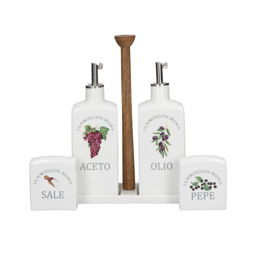 Set olio, aceto, sale e pepe in porcellana bianca decorata con asta centrale in legno. Dimensioni: cm. 22,5x7,5x 22 h Decorati, pratici e utili, caratterizzano ambienti curati in ogni minimo dettaglio. In negozio e online su tuttochic.it