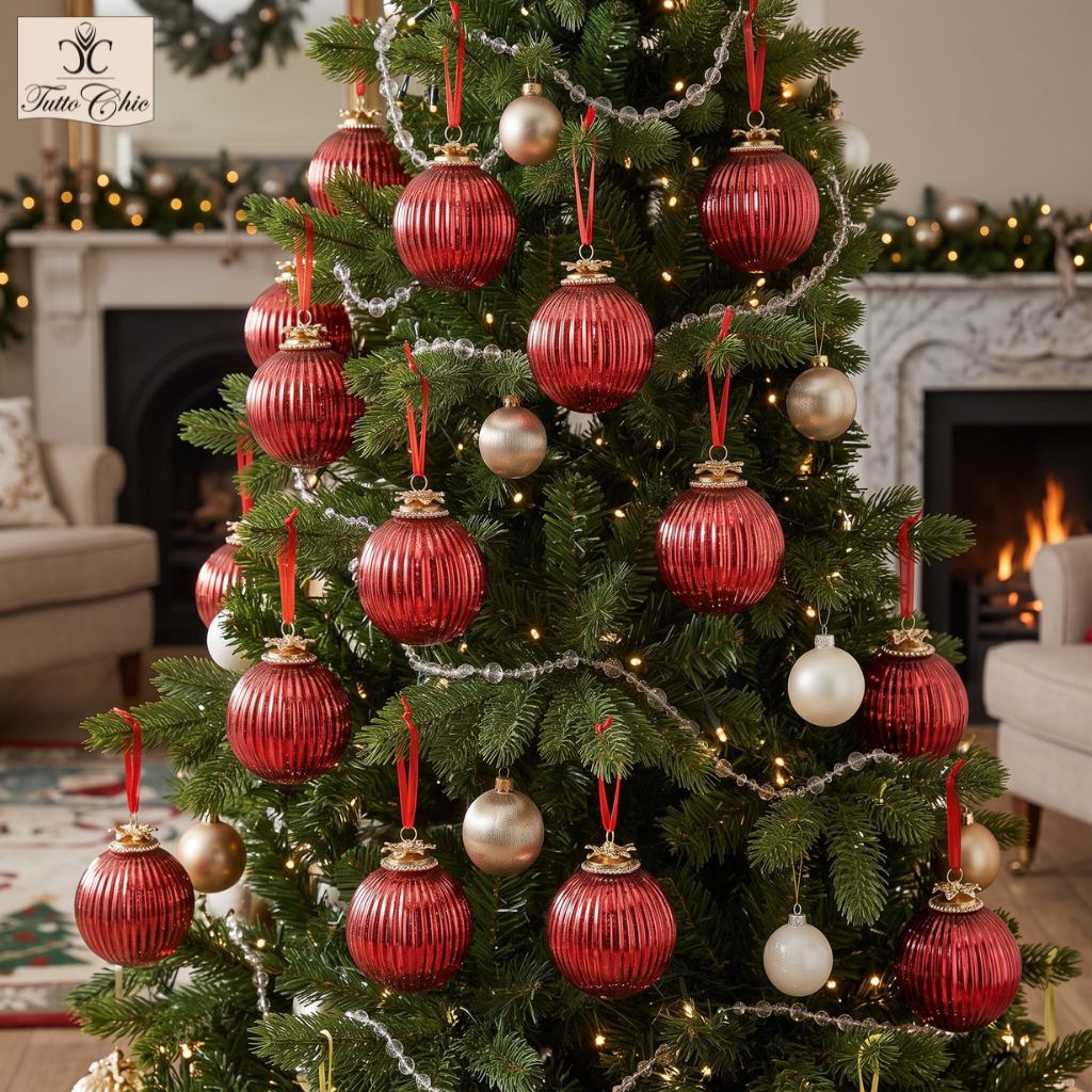 Palla di Natale in vetro soffiato a coste verticali color rosso laccato con gancio gioiello dorato decorato con strass brillanti e nastro in organza rosso, linea esclusiva EDG.