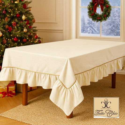 Copritavolo natalizio rettangolare bianco glitterato argento in cotone L’atelier 17 su tavola