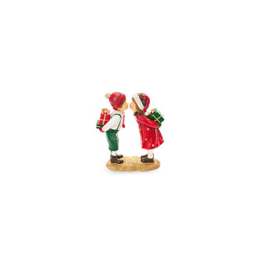 Coppia bimbi bacio decorati in rosso, verde e bianco– Storia di Natale

