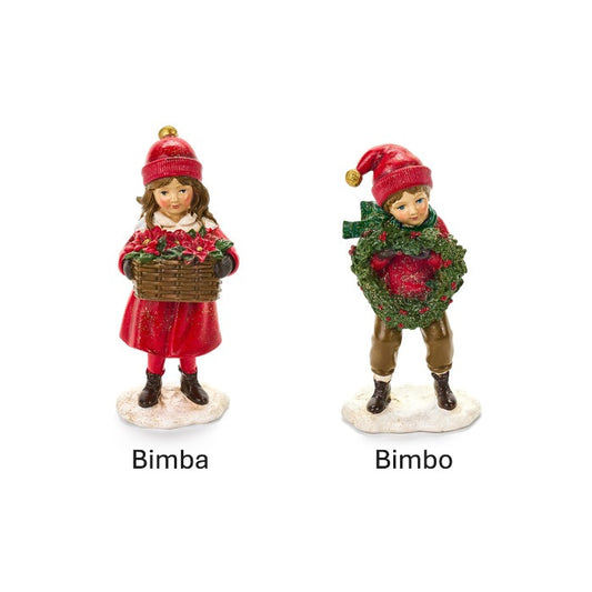 Personaggi natalizi bimba e bimbo in resina per mensole
