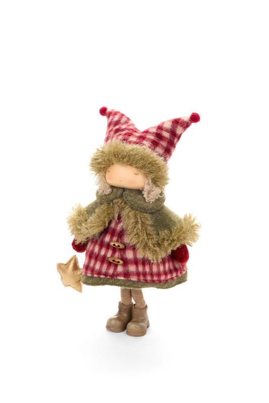 Bambolina decorativa Ragazza con Pellicciotto e stella dorata h 40 cm, collezione Vintage Toys Nuvole di Stoffa, Tutto Chic.
