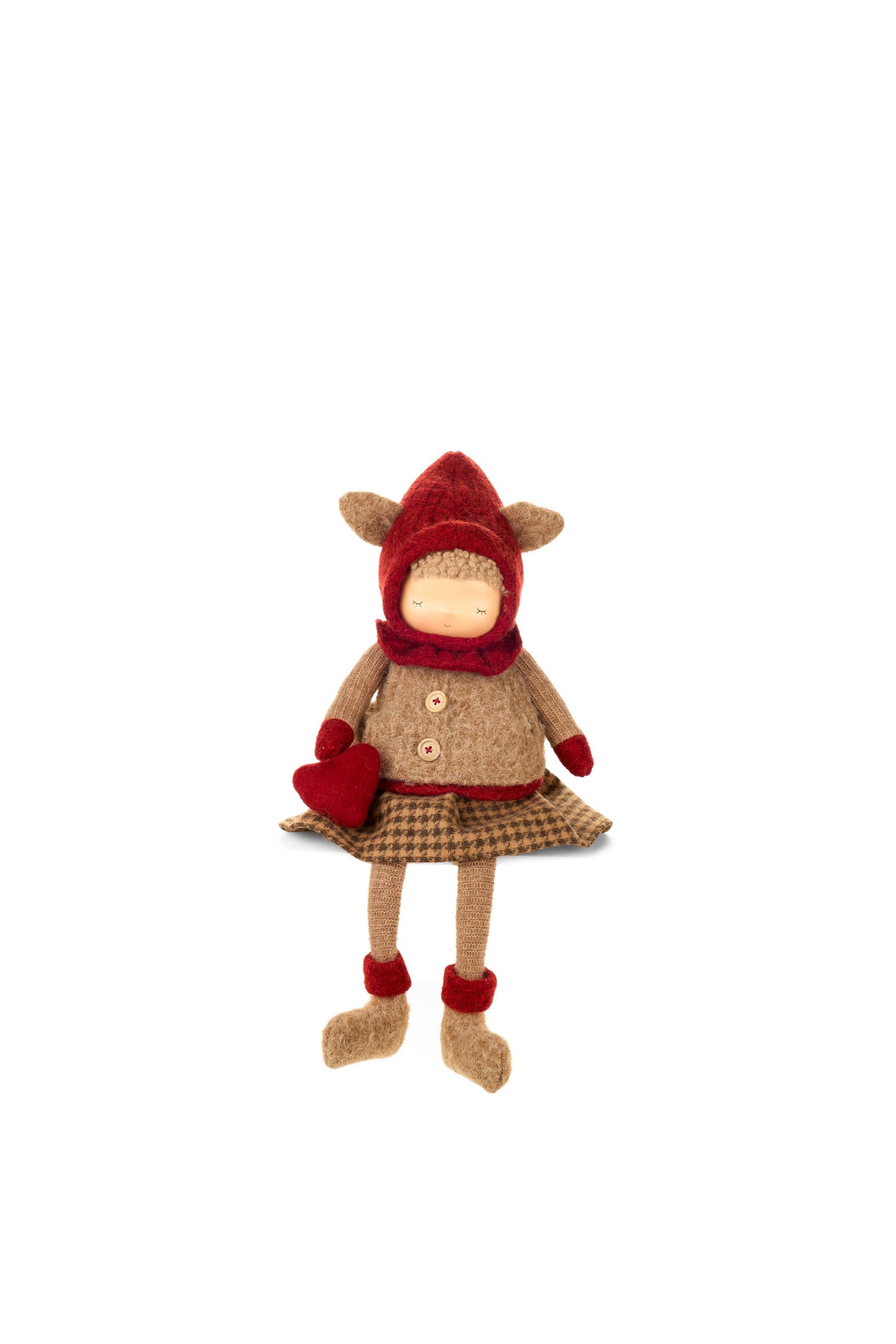 Bambola decorativa ragazza seduta con gonna a quadri e cuore h 52 cm, collezione Vintage Toys Nuvole di Stoffa, decorazione mensole, Tutto Chic.