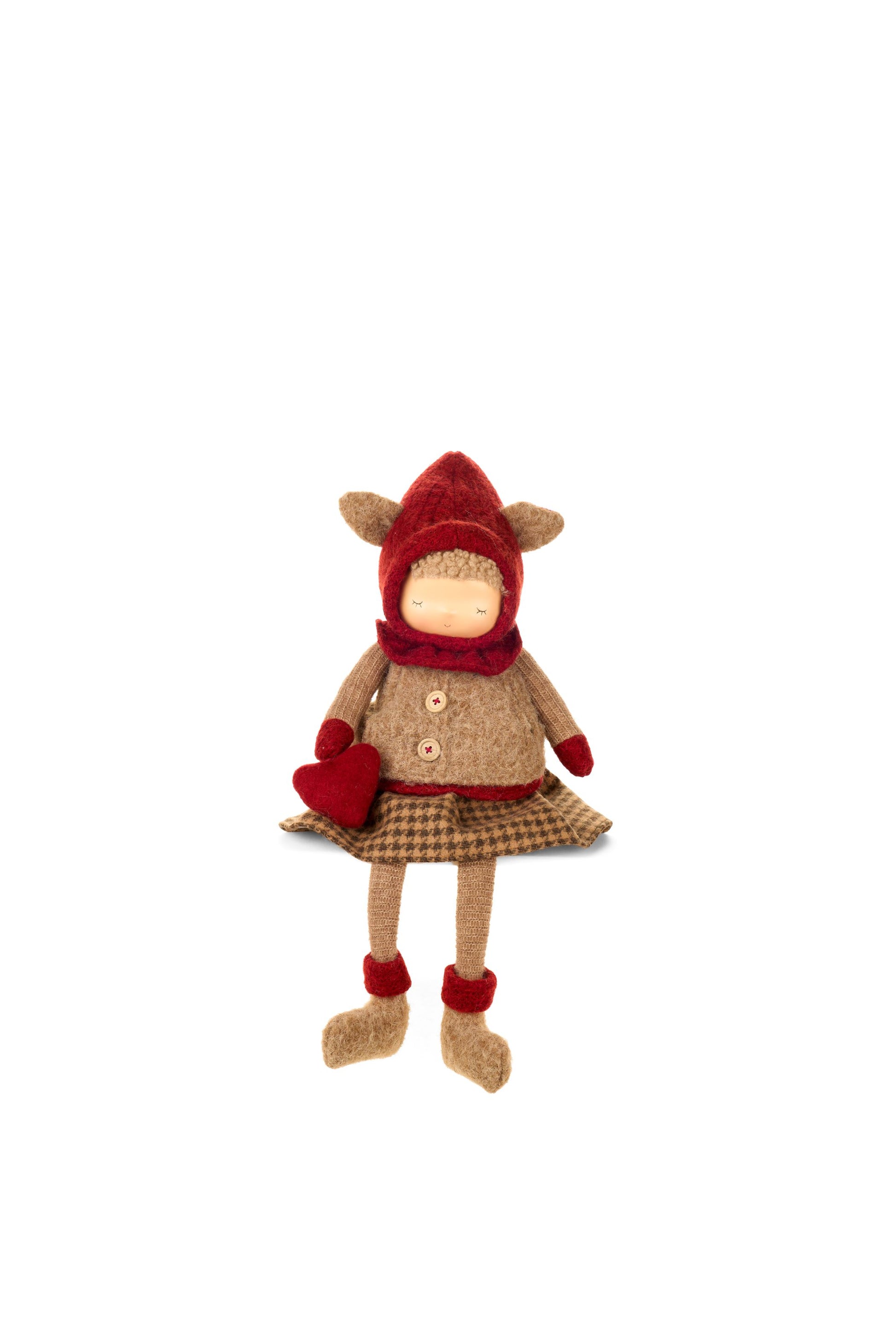 Bambola decorativa ragazza seduta con gonna a quadri e cuore h 52 cm, collezione Vintage Toys Nuvole di Stoffa, decorazione mensole, Tutto Chic.
