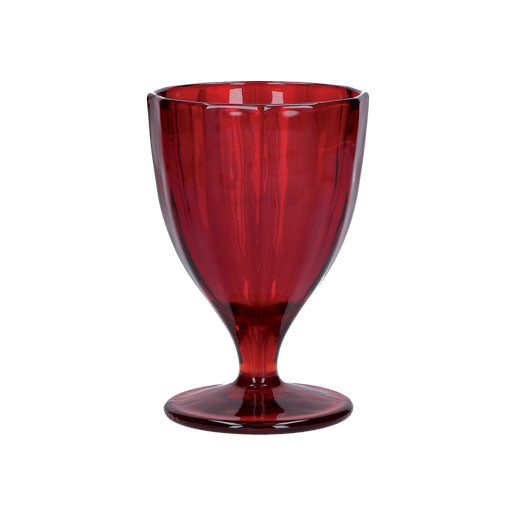Confezione 6 calici in vetro lavorato di colore rosso rubino. Capacità: cc 300 - Dimensioni: Ø 8,5 - h 13 cm. Lavabili in lavastoviglie. In negozio e online su tuttochic.it