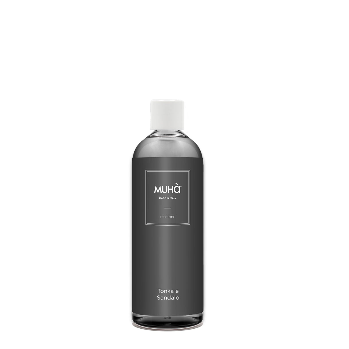 Flacone ricarica per profumatore ambiente Muhà da 200 ml fragranza Tonka e Sandalo con etichetta antracite e tappo bianco
