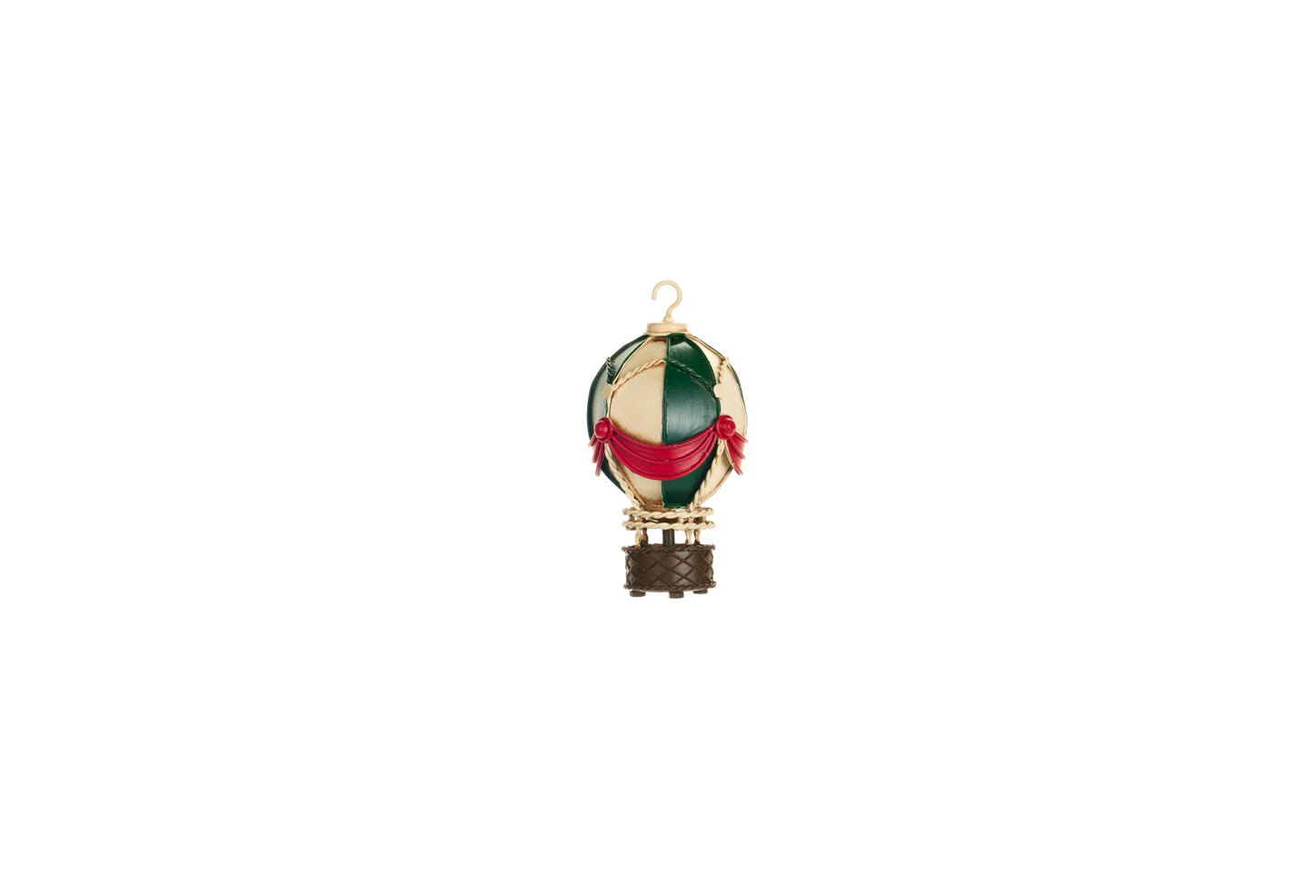 Mongolfiera decorativa in metallo verde, crema e rossa h 14,5 cm, stile vintage toys Nuvole di Stoffa, da appendere o poggiare, Tutto Chic.