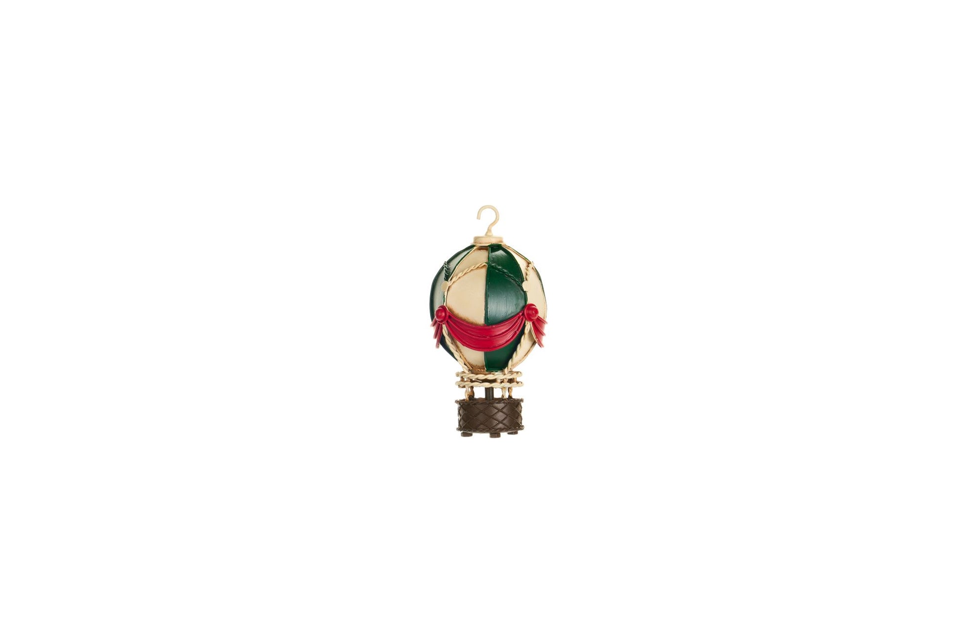 Mongolfiera decorativa in metallo verde, crema e rossa h 14,5 cm, stile vintage toys Nuvole di Stoffa, da appendere o poggiare, Tutto Chic.