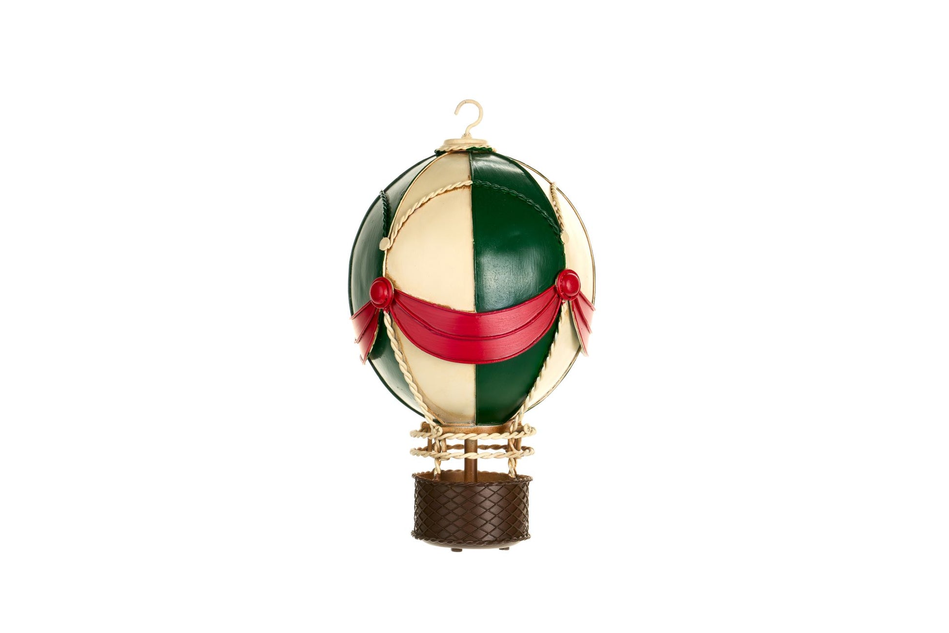 Mongolfiera decorativa in metallo verde bosco e crema h 30 cm, collezione Vintage Toys Nuvole di Stoffa, da appendere o poggiare, Tutto Chic.