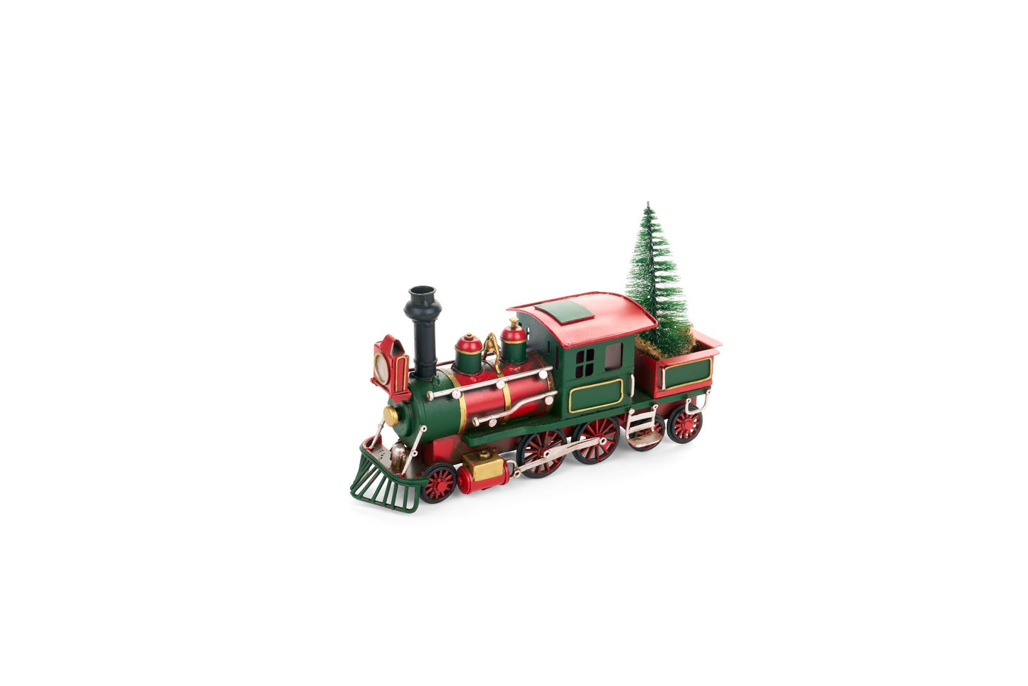 Locomotiva natalizia vintage in metallo rosso e verde con alberello innevato, lunghezza 27,5 cm, collezione Vintage Toys Nuvole di Stoffa, Tutto Chic.