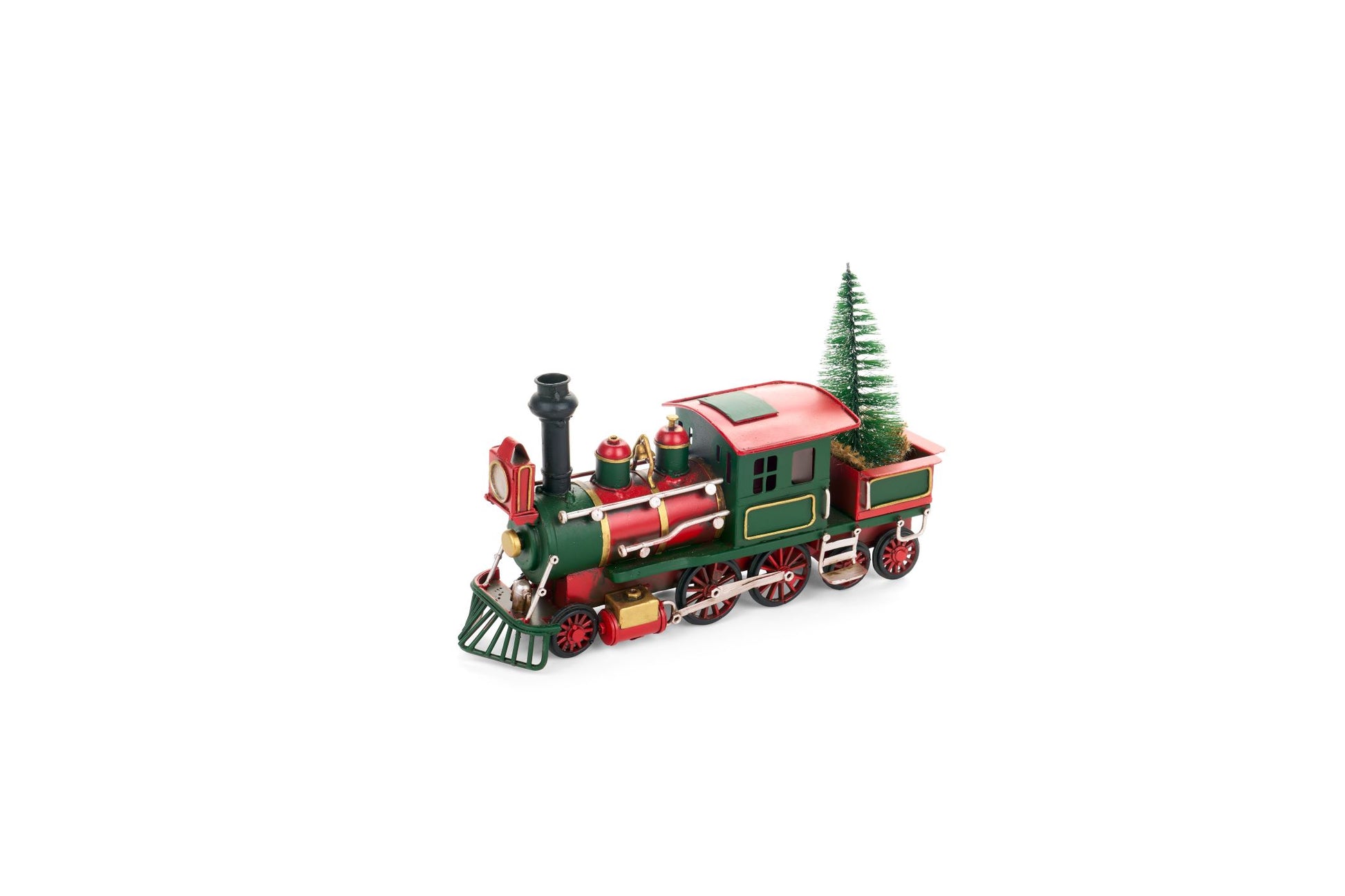 Locomotiva natalizia vintage in metallo rosso e verde con alberello innevato, lunghezza 27,5 cm, collezione Vintage Toys Nuvole di Stoffa, Tutto Chic.