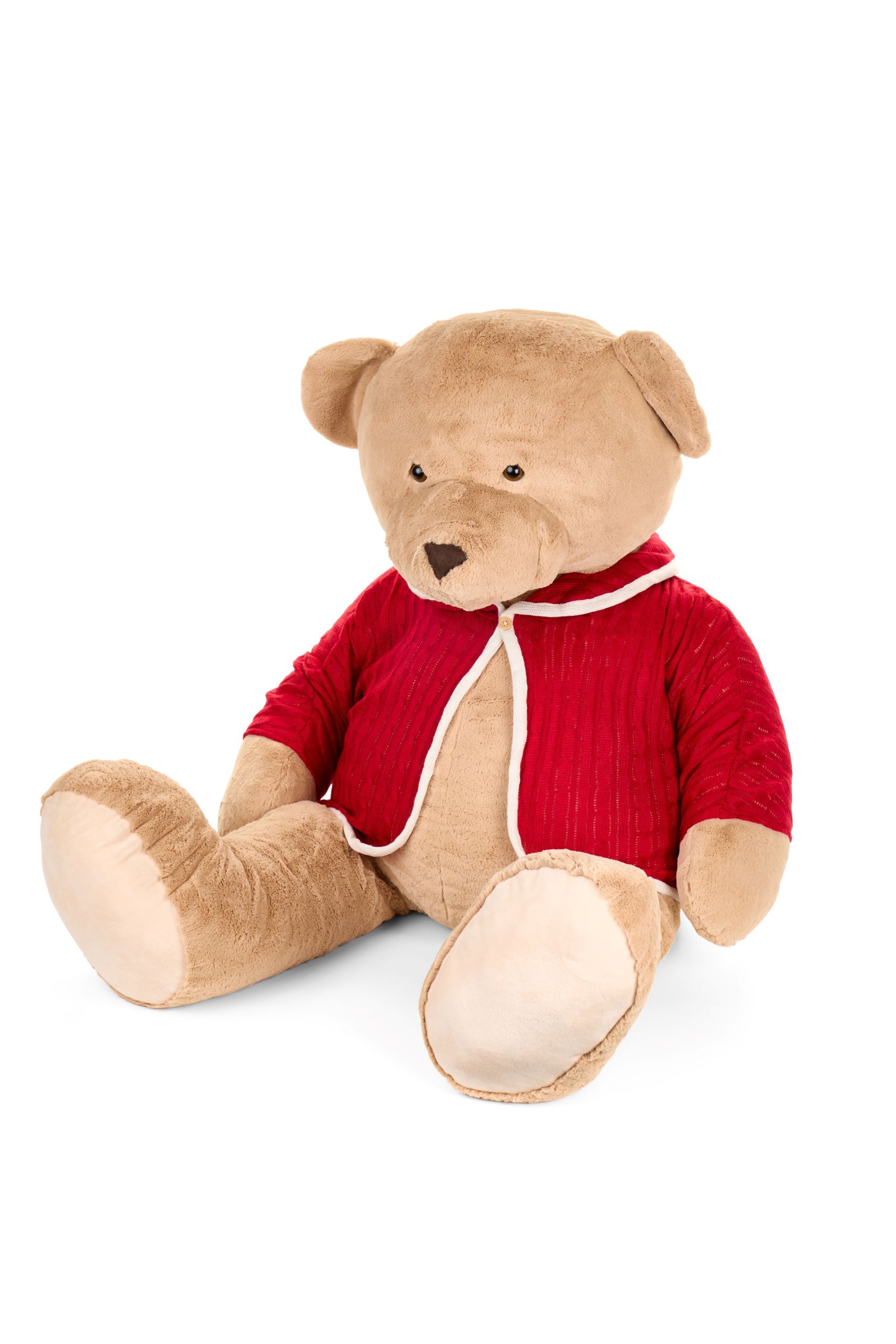 Maestoso orso di peluche vintage da 80 cm con giacca in maglia rossa e rifiniture bianche, collezione Vintage Toys Nuvole di Stoffa, Tutto Chic.