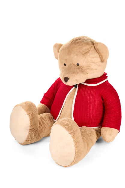 Imponente orso di peluche vintage alto 100 cm con giacca in maglia rossa e bottone in legno, seduto, collezione di lusso Vintage Toys Nuvole di Stoffa, Tutto Chic.