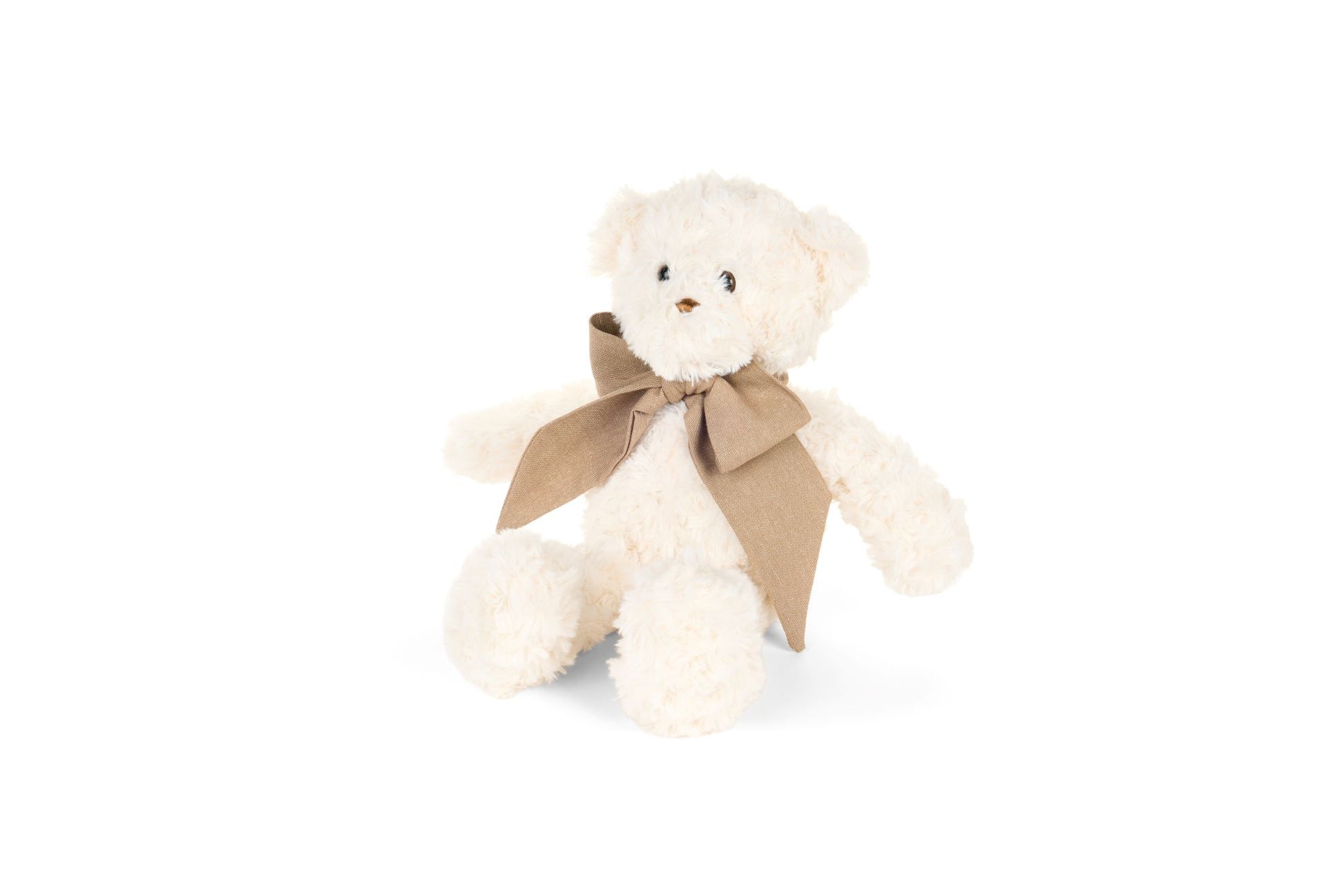 Orsetto di peluche bianco crema seduto con grande fiocco beige in tessuto al collo, collezione Vintage Toys Nuvole di Stoffa, stile Shabby Chic, Tutto Chic.