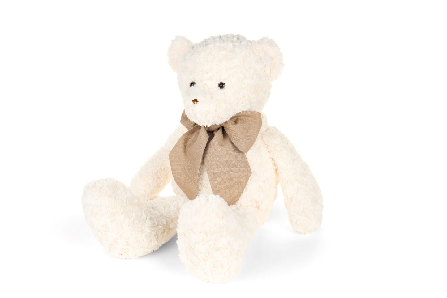 Orso di peluche color crema da 40 cm, seduto, con grande fiocco beige al collo, collezione Vintage Toys Nuvole di Stoffa, stile raffinato, Tutto Chic.
