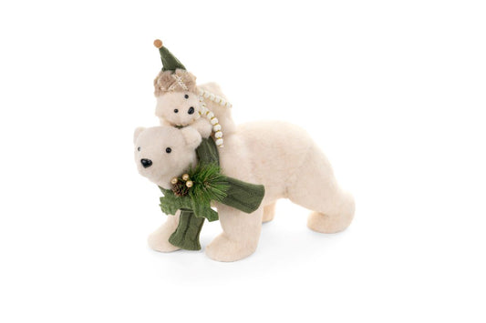 Decorazione natalizia a forma di orso polare grande in peluche bianco con cucciolo sulla schiena, sciarpa e cappello verde bosco in maglia con dettagli oro, lunghezza 40 cm, Nuvole di Stoffa, Tutto Chic.