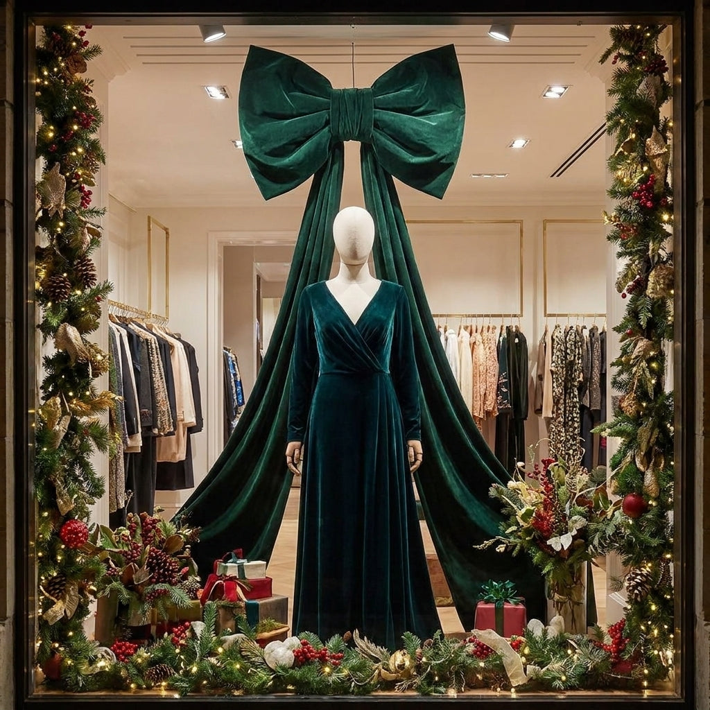 Fiocco gigante natalizio in velluto verde scuro alto 210 cm con nastri lunghi 150 cm modello EDG Enzo De Gasperi.