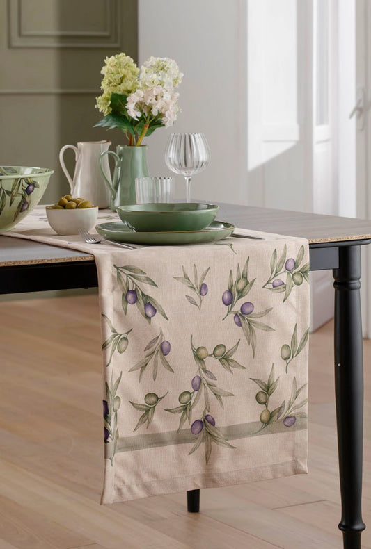 runner Olyvia Rose & Tulipani 45x150 cm in poliestere antimacchia con decoro olive e foglie d’ulivo