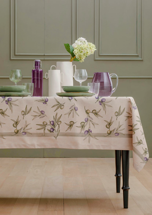 tovaglia 6 posti Olyvia Rose & Tulipani 150x200 cm in poliestere antimacchia con decoro olive e foglie d’ulivo