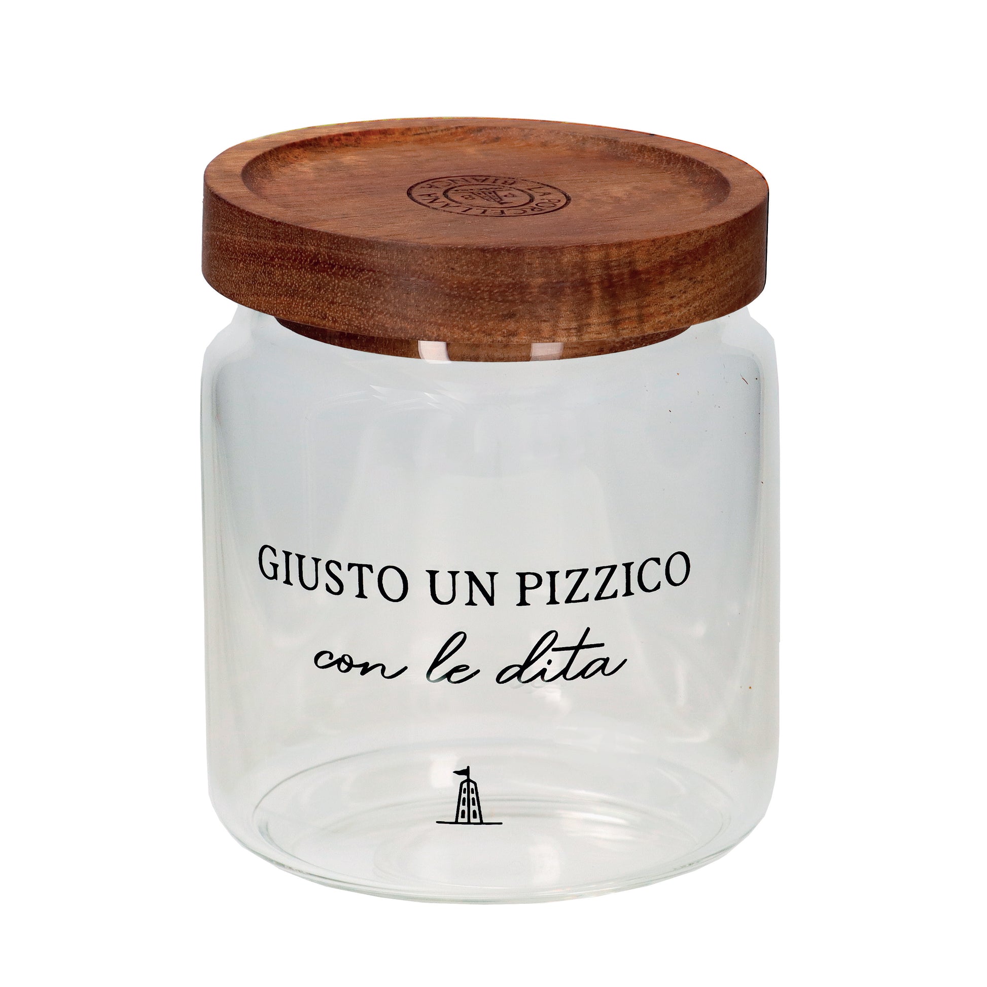 Barattolo per sale in vetro borosilicato trasparente decorato con tappo ermetico in legno scuro. cm ø 9 x h 10 - 400 ml. In negozio e online su tuttochic.it