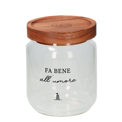 Barattolo per zucchero in vetro borosilicato trasparente decorato con tappo ermetico in legno scuro. cm ø 9 x h 10 - 400 ml. In negozio e online su tuttochic.it