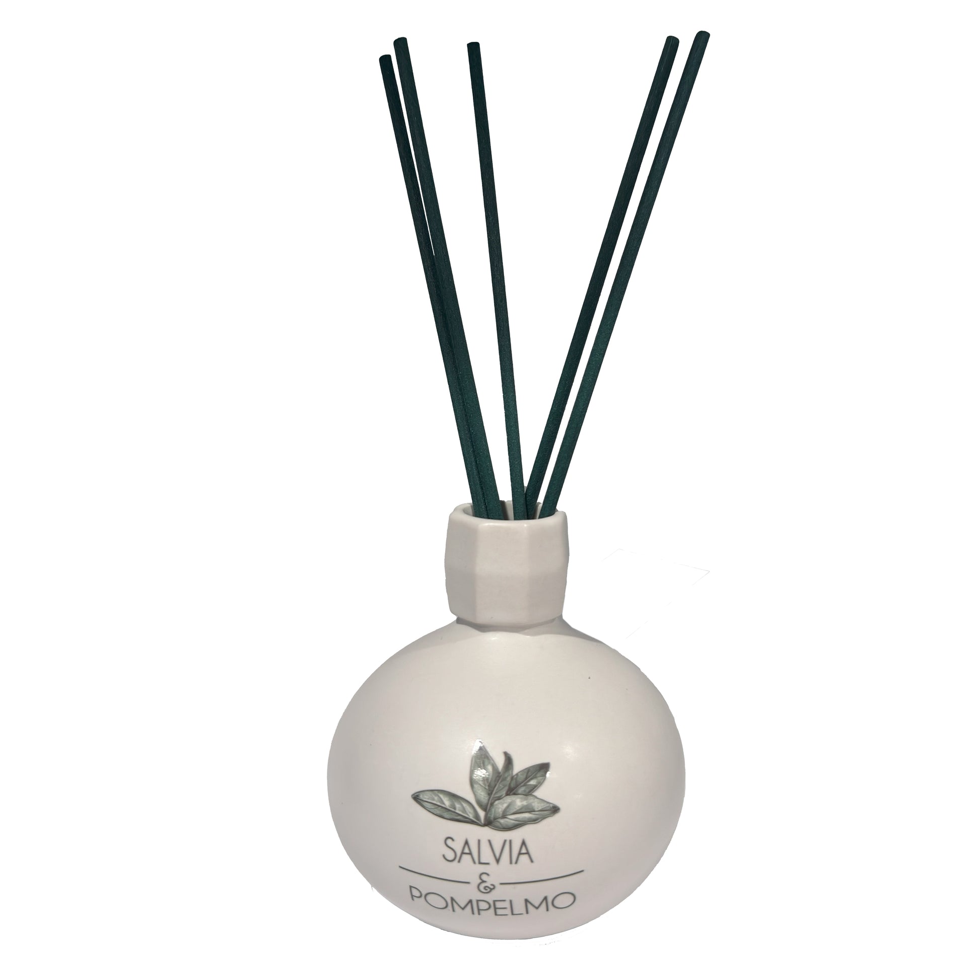 Diffusore di profumo per ambiente Salvia e Pompelmo in porcellana bianca decorata con bastoncini. Capacità: 120 ml. In negozio e online su tuttochic.it