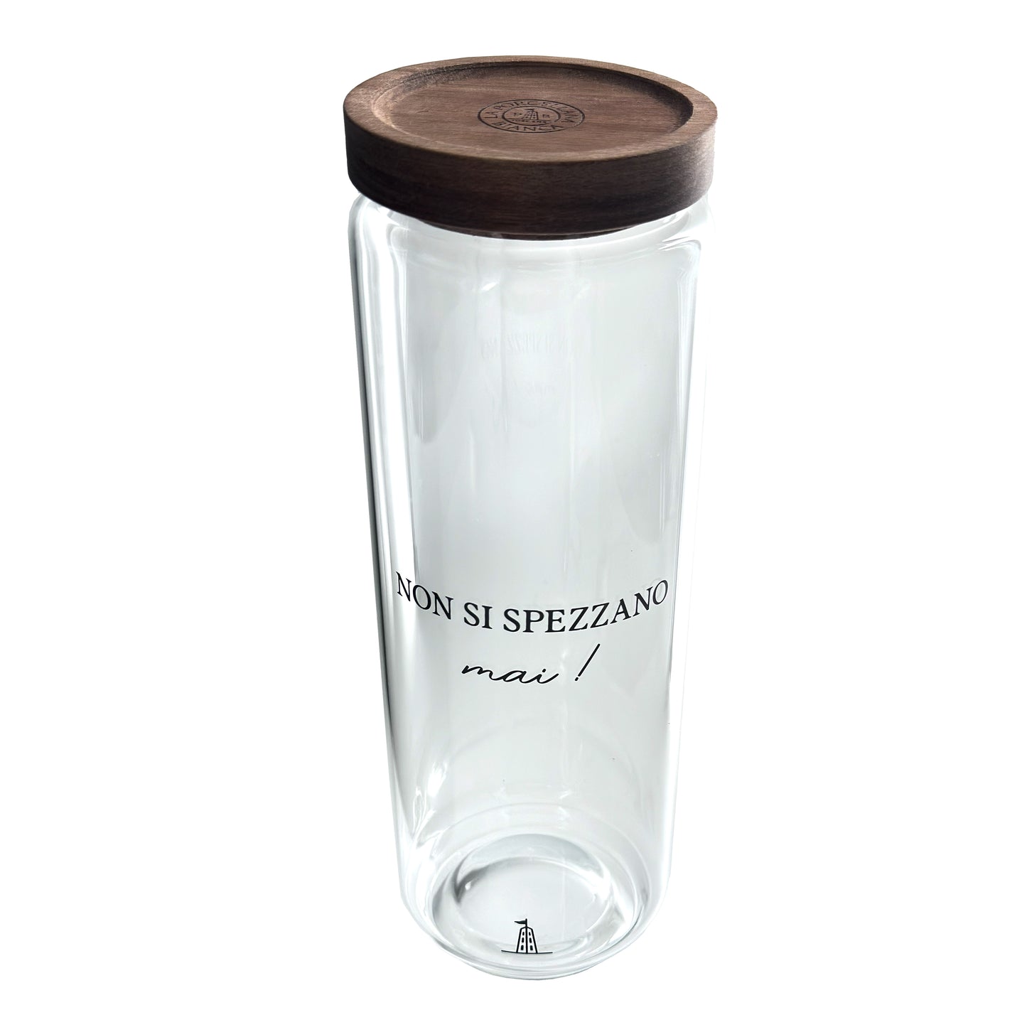 Barattolo per spaghetti in vetro borosilicato trasparente decorato con tappo ermetico in legno scuro cm ø 9 x h 29,5 - 1300 ml. In negozio e online su tuttochic.it