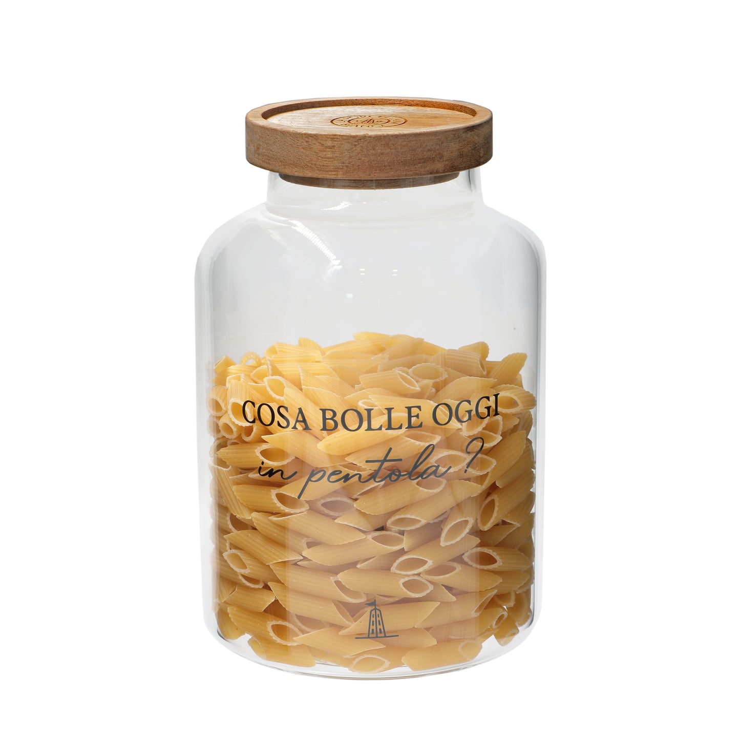 Barattolo per pasta in vetro borosilicato trasparente decorato con tappo ermetico in legno scuro cm ø 13 x h 20 - 1800 ml. In negozio e online su tuttochic.it