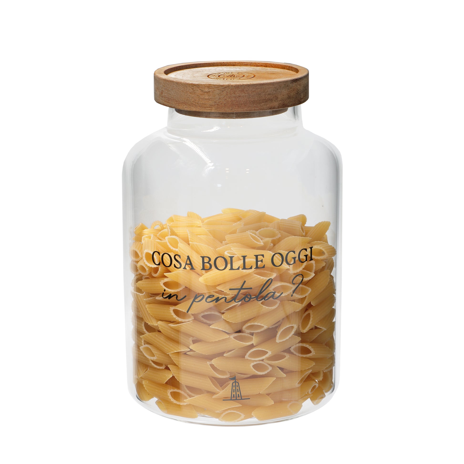 Barattolo per pasta in vetro borosilicato trasparente decorato con tappo ermetico in legno scuro cm ø 13 x h 20 - 1800 ml. In negozio e online su tuttochic.it