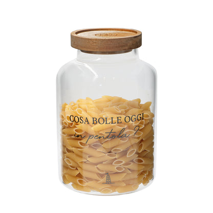 Barattolo per pasta in vetro borosilicato trasparente decorato con tappo ermetico in legno scuro cm ø 13 x h 20 - 1800 ml. In negozio e online su tuttochic.it
