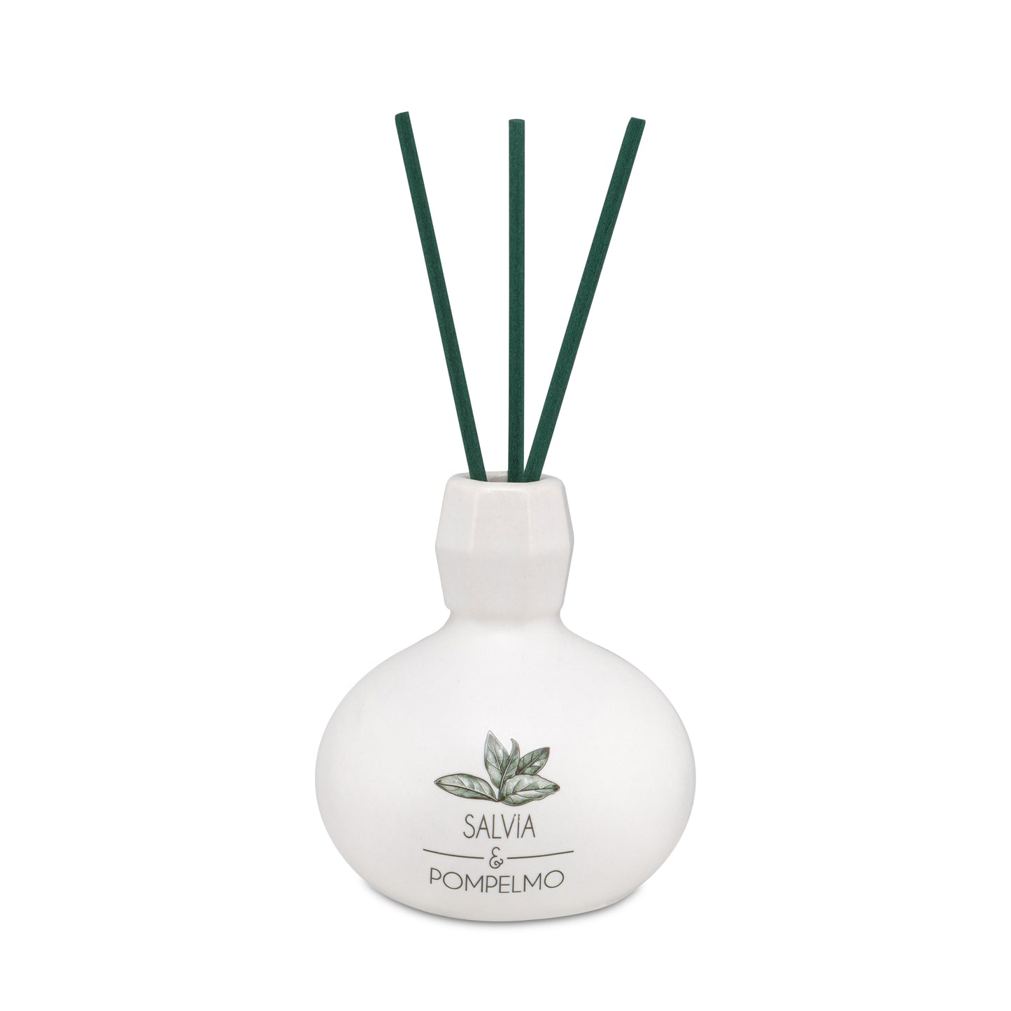 Diffusore di profumo per ambiente Salvia e Pompelmo in porcellana bianca decorata con bastoncini. Capacità: 50 ml.
