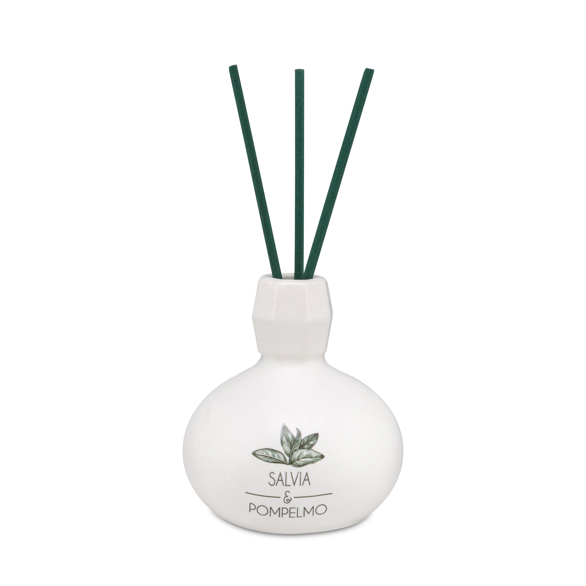 Diffusore di profumo per ambiente Salvia e Pompelmo in porcellana bianca decorata con bastoncini. Capacità: 50 ml.