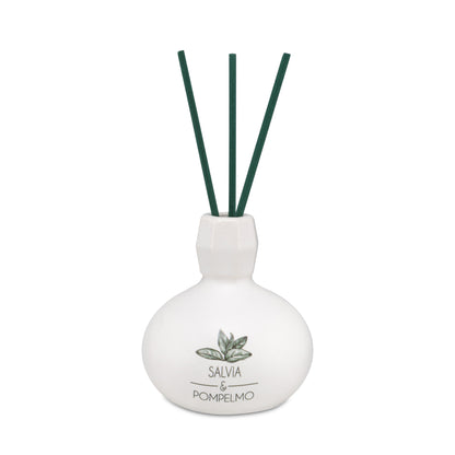 Diffusore di profumo per ambiente Salvia e Pompelmo in porcellana bianca decorata con bastoncini. Capacità: 50 ml.