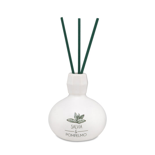 Diffusore di profumo per ambiente Salvia e Pompelmo in porcellana bianca decorata con bastoncini. Capacità: 50 ml.