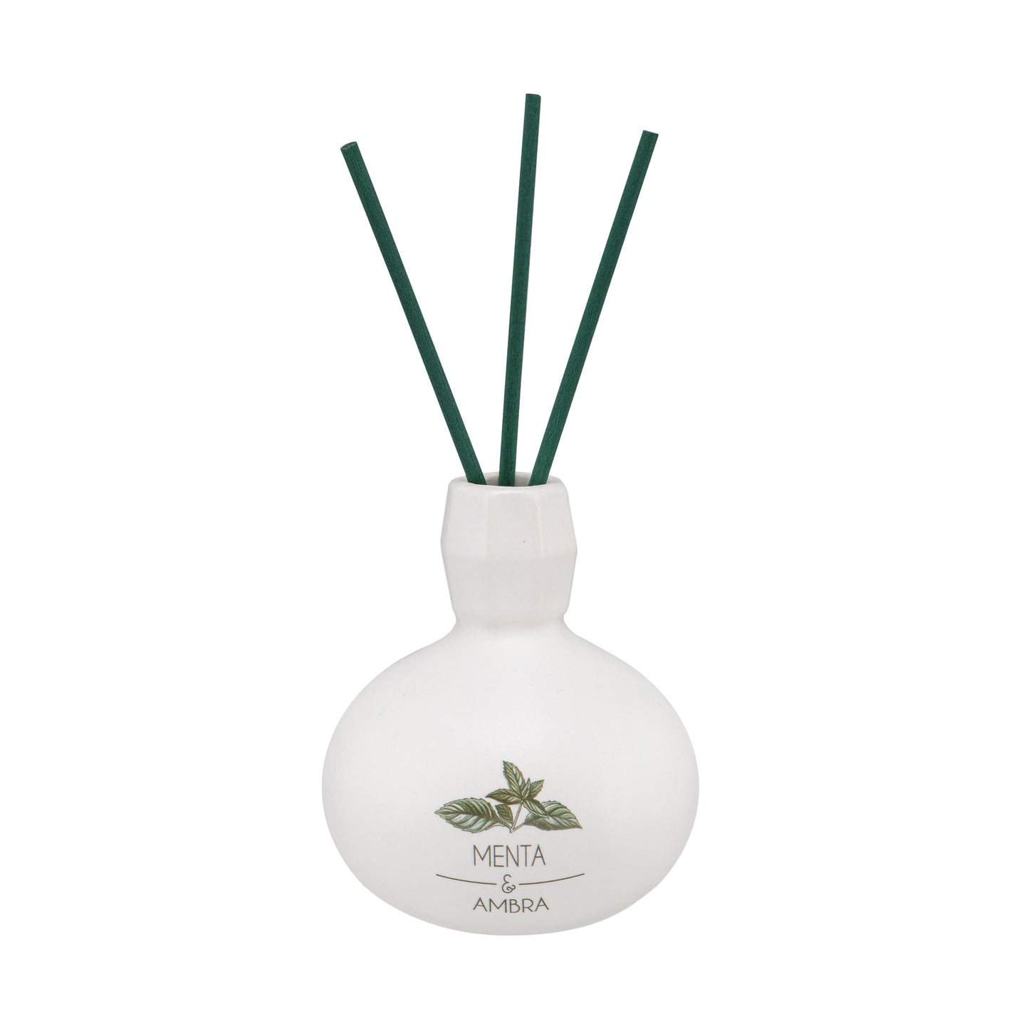 Diffusore di profumo per ambiente Menta e Ambra in porcellana bianca decorata con bastoncini. Capacità: 50 ml.