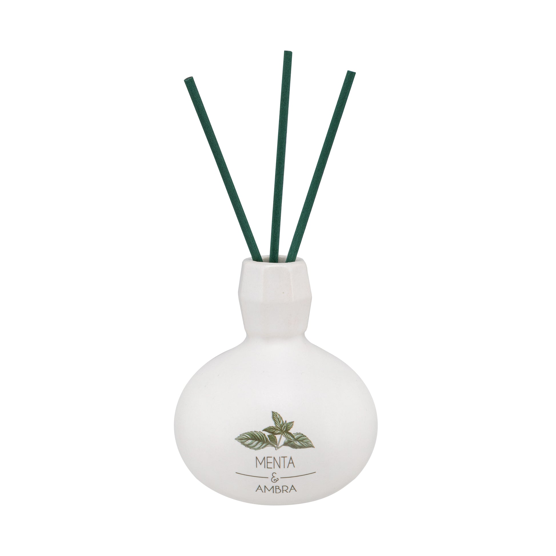 Diffusore di profumo per ambiente Menta e Ambra in porcellana bianca decorata con bastoncini. Capacità: 50 ml.