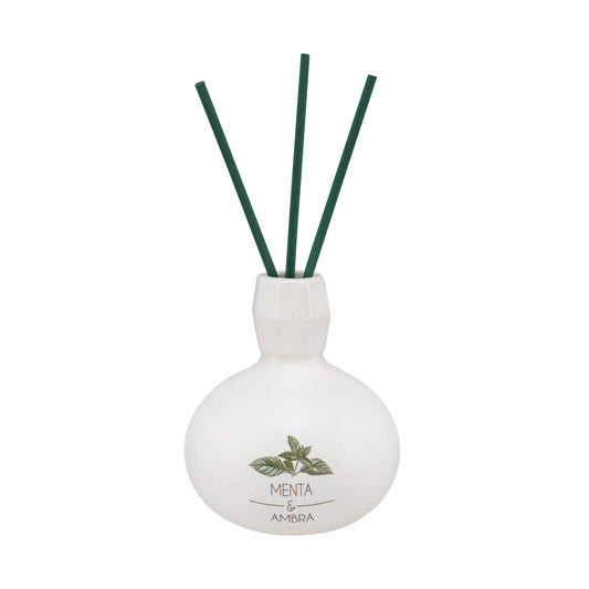 Diffusore di profumo per ambiente Menta e Ambra in porcellana bianca decorata con bastoncini. Capacità: 50 ml.