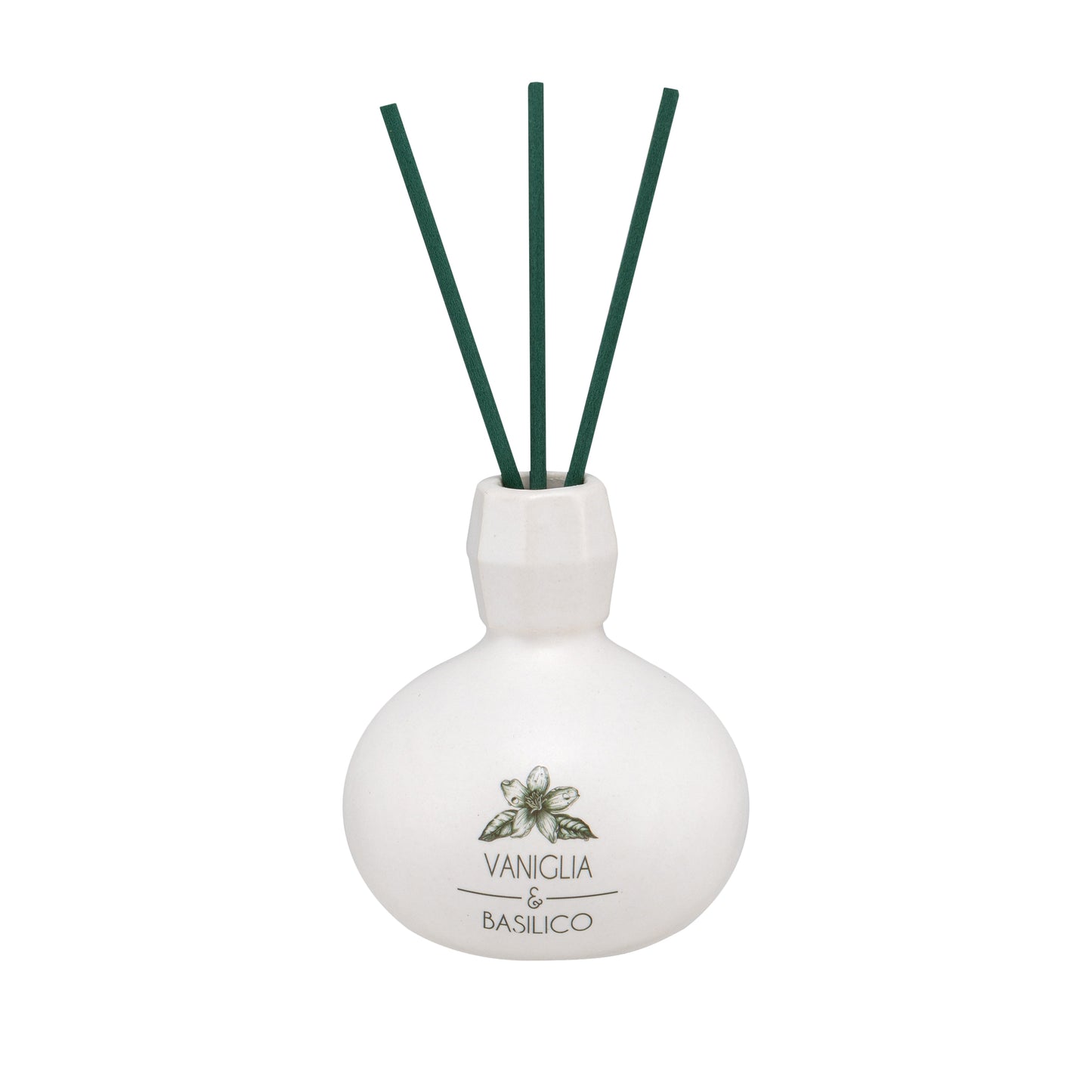 Diffusore di profumo per ambiente Vaniglia e Basilico in porcellana bianca decorata con bastoncini. Capacità: 50 ml
