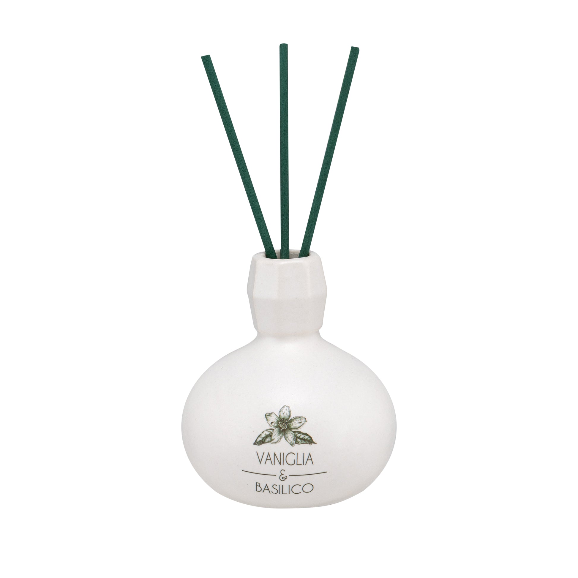 Diffusore di profumo per ambiente Vaniglia e Basilico in porcellana bianca decorata con bastoncini. Capacità: 50 ml