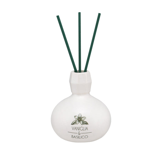 Diffusore di profumo per ambiente Vaniglia e Basilico in porcellana bianca decorata con bastoncini. Capacità: 50 ml