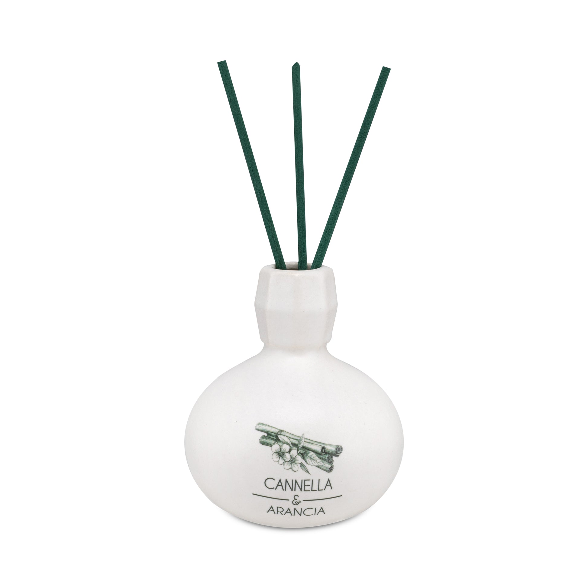 Diffusore di profumo per ambiente Cannella e Arancia in porcellana bianca decorata con bastoncini. Capacità: 50 ml.