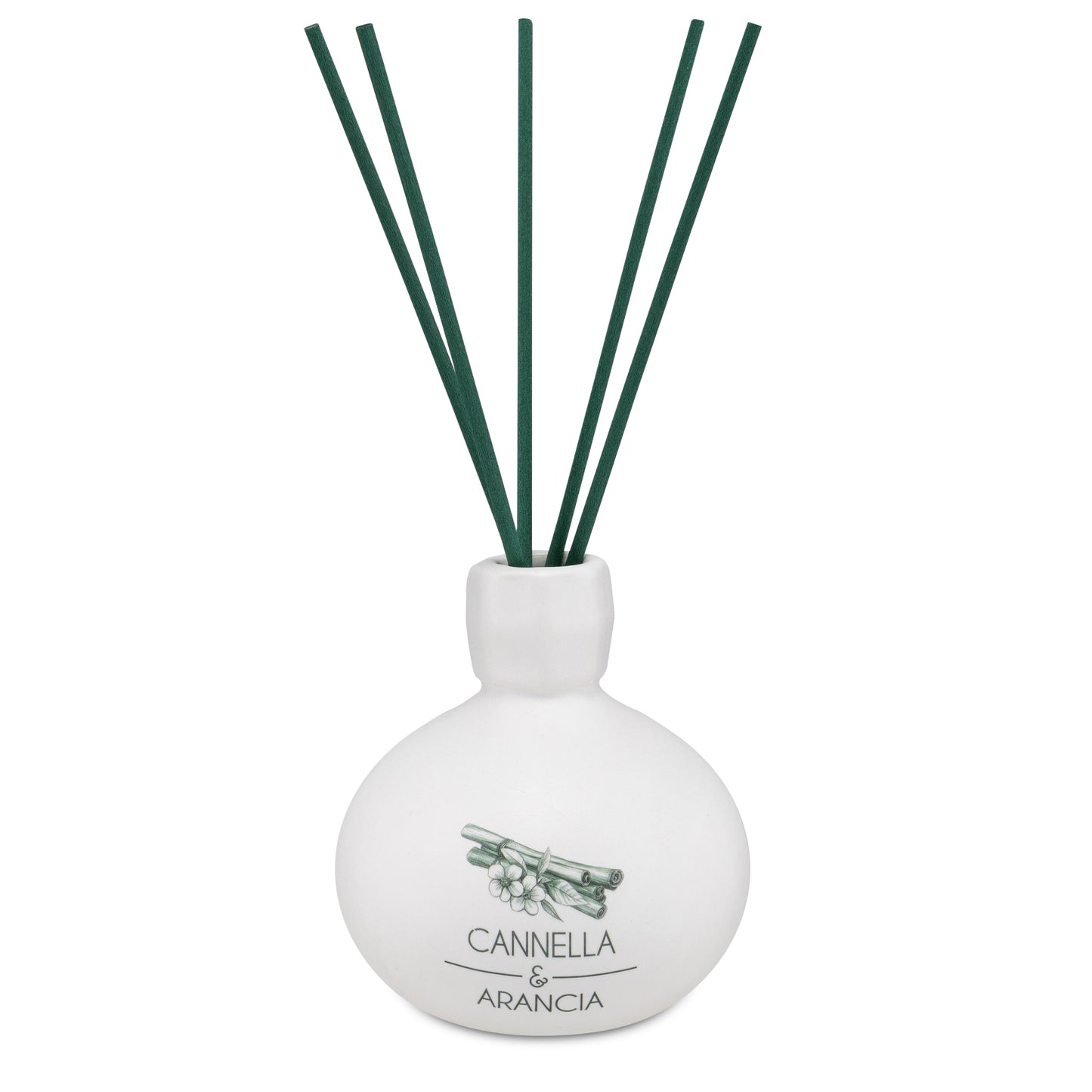 Diffusore di profumo per ambiente Cannella e Arancia in porcellana bianca decorata con bastoncini. Capacità: 120 ml. In negozio e online su tuttochic.it